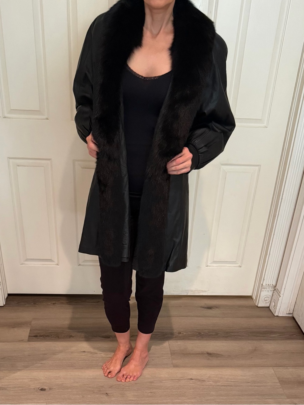 Vintage Black Leather Coat with Fur Trim by Designer Chosen Couture